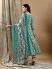 WOMEN'S TEAL FLORAL PRINTED ANARKALI COTTON KURTA WITH PANT & DUPATTA