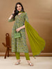 "LYKCON Women's Green Rayon Kurta Set – Embroidered Floral A-Line Design with Pant & Dupatta