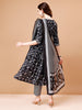 LYKCON Women's Black Leaf Printed Flared Rayon Kurta Set with Pant & Dupatta