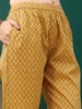 WOMEN'S MUSTARD EMBROIDERED & PRINTED COTTON KURTA WITH PANT & DUPATTA