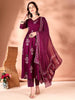 Elegant Wine Embroidered Flared Kurta Set with Pant & Dupatta - LYKCON