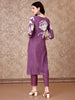 Hand Embroidered & Floral Printed Pure Silk Kurta with Pant & Dupatta