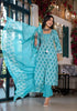 Printed Kurta Suit Set with Lace Embroidery &amp; Designer Neckline – Elegant Blue Charm