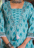 Printed Kurta Suit Set with Lace Embroidery &amp; Designer Neckline – Elegant Blue Charm