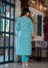 Printed Kurta Suit Set with Lace Embroidery &amp; Designer Neckline – Elegant Blue Charm