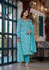 Printed Kurta Suit Set with Lace Embroidery &amp; Designer Neckline – Elegant Blue Charm