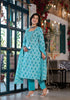 Printed Kurta Suit Set with Lace Embroidery &amp; Designer Neckline – Elegant Blue Charm