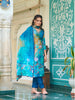 LYKCON Women's Blue Hand-Embroidered Muslin Silk Kurta with Pant & Printed Dupatta Set