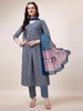 Blue Alia Cut Printed Cotton Kurta Set with Pant & Dupatta by LYKCON – Perfect for Office & Festive Occasions